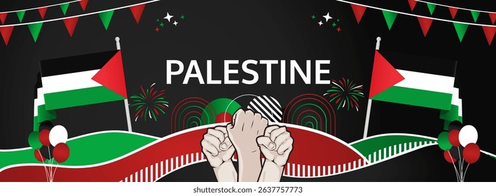Palestine Independence Day modern greeting banner. 15 November Happy National Day. Festive horizontal background with flag colors, great for carnival poster, tourism campaign, celebrations holidays