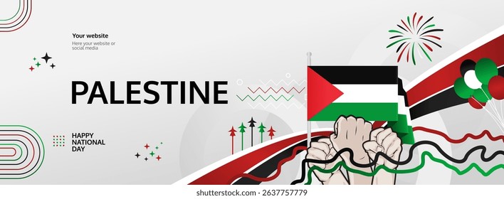 Palestine Independence Day modern greeting banner. 15 November Happy National Day. Festive horizontal background with flag colors, great for carnival poster, tourism campaign, celebrations holidays