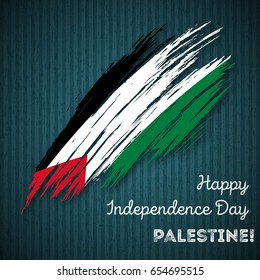 Palestine Independence Day Patriotic Design. Expressive Brush Stroke in National Flag Colors on dark striped background. Happy Independence Day Palestine Vector Greeting Card.