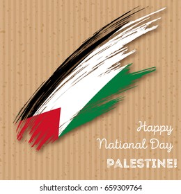 Palestine Independence Day Patriotic Design. Expressive Brush Stroke in National Flag Colors on kraft paper background. Vector Greeting Card.