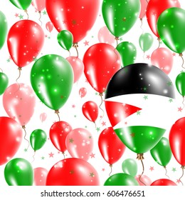 Palestine Independence Day Seamless Pattern. Flying Rubber Balloons in Colors of the Palestinian Flag. Happy Palestine Day Patriotic Card with Balloons, Stars and Sparkles.