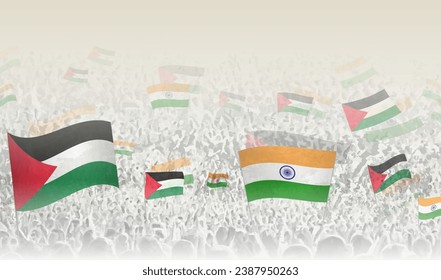 Palestine and India flags in a crowd of cheering people. Crowd of people with flags. Vector illustration.