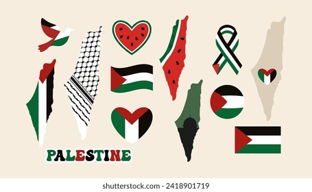 Palabras palestinas - mapa, corazón, cinta, sandía. Vector