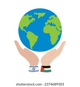 palestine and israel flags in hands lifting world design