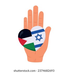 palestine and israel flags in heart with hand design