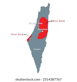 Palestina e Israel mapa destaque com faixa de Gaza, Cisjordânia, Jerusalém, Tel Aviv-yafo