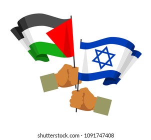 Palestine Israel relation concept. Two hands holding a flags Palestine and Israel in flat style isolated on white background