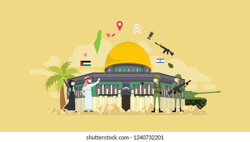 Palestine And Israel Territory Conflict Tiny People Character Concept Vector Illustration, Suitable For Wallpaper, Banner, Background, Card, Book Illustration, And Web Landing Page