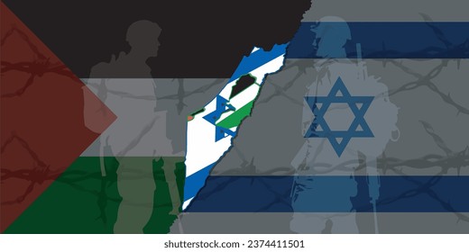 Palestina Israel Guerra con bandera, alambre de púas, soldados, mapa, grietas