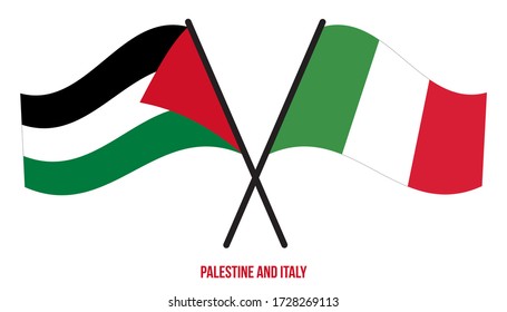 Palestine and Italy Flags Crossed And Waving Flat Style. Official Proportion. Correct Colors.