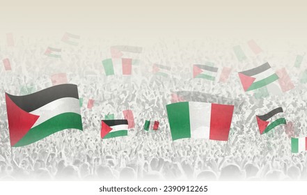 Palästina und Italien fliegen in einer Menge jubelnder Menschen. Menschenmenge mit Flaggen. Vektorgrafik.