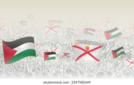 Palestine and Jersey flags in a crowd of cheering people. Crowd of people with flags. Vector illustration.