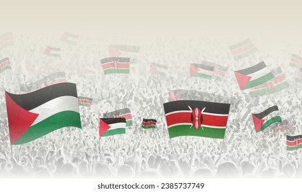 Palestine and Kenya flags in a crowd of cheering people. Crowd of people with flags. Vector illustration.