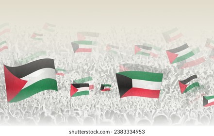 Palestine and Kuwait flags in a crowd of cheering people. Crowd of people with flags. Vector illustration.