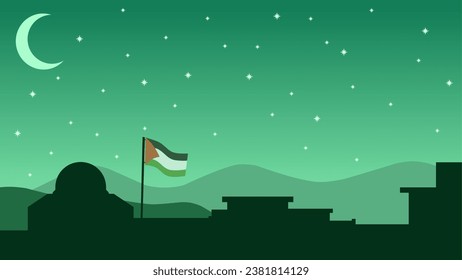 Palestine landscape vector illustration. Silhouette of al aqsa mosque in the night with crescent moon and star. Landscape illustration of palestine for background or wallpaper