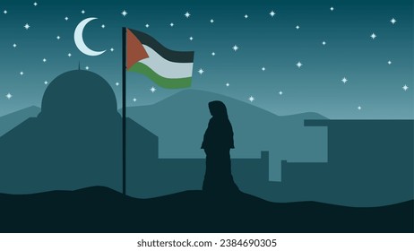 Palestine landscape vector illustration. Silhouette of al aqsa mosque at night with woman muslim walking. Landscape illustration of palestine for background or wallpaper