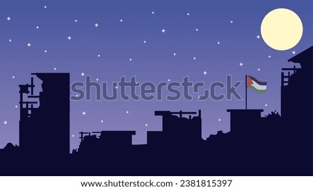 Palestine landscape vector illustration. Silhouette of destroyed city in the night with palestine flag. Palestine illustration for background, wallpaper, issue and conflict