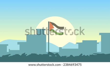 Palestine landscape vector illustration. Silhouette of destroyed buildings at morning with palestine flag. Landscape illustration of destroyed city for background or wallpaper