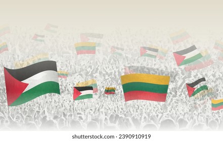 Palestine and Lithuania flags in a crowd of cheering people. Crowd of people with flags. Vector illustration.