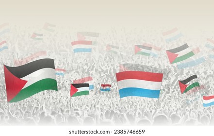 Palestine and Luxembourg flags in a crowd of cheering people. Crowd of people with flags. Vector illustration.