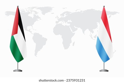 Palestine and Luxembourg flags for official meeting against background of world map.