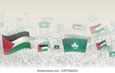 Banderas de Palestina y Macao en una multitud de gente que vitorea. Multitud de personas con banderas. Ilustración vectorial.