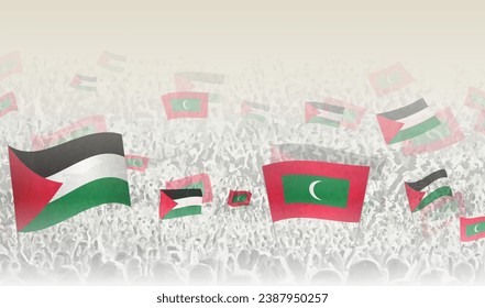 Palestine and Maldives flags in a crowd of cheering people. Crowd of people with flags. Vector illustration.