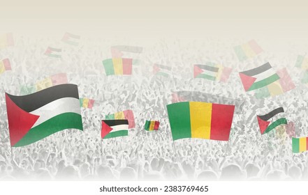Palästina und Mali fliegen in einer Menge jubelnder Menschen. Menschenmenge mit Flaggen. Vektorgrafik.