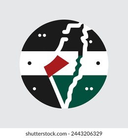 Palestine map in black and green circular logo with a red flag