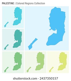 Palestine map collection. Country shape with colored regions. Light Blue, Cyan, Teal, Green, Light Green, Lime color palettes. Border of Palestine with provinces for your infographic.