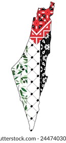 PALESTINE map contains flag from ornaments and olives and Palestinian scarf which called in arabic kufiya, olive tree leaves, suitable for social media and t shirt prints and posters and banners