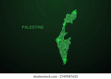 Palestine Map - Digital dotted map with glowing green points on dark background, modern technology style, abstract data network design, clean minimal geometric vector illustration.