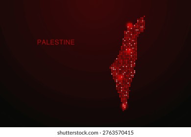 Palestine Map - Digital dotted map with glowing red points on dark background, modern technology style, abstract data network design, clean minimal vector illustration.
