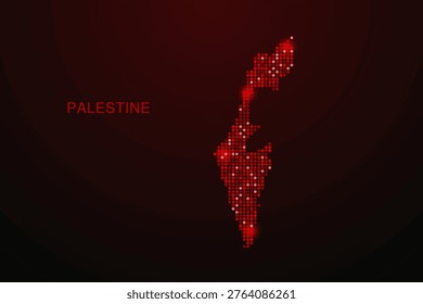 Palestine Map - Digital dotted map with glowing red points on dark background, modern technology style, abstract data network design, clean minimal vector illustration.
