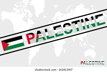 Palestine map flag and text illustration, on world map