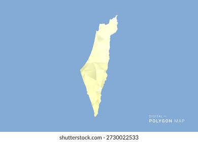 Mapa de Palestina en estilo de Vector de polígono bajo, ilustración de forma geométrica con tonos amarillos suaves sobre fondo azul, silueta limpia para infografía.