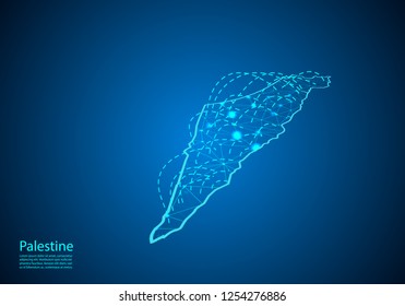 palestine map with nodes linked by lines. concept of global communication and business. Dark palestine map created from white dots with travel locations or internet connection.