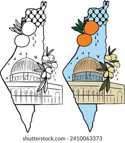 Palestine Map- Palestinian keffiyeh checkered scarf Pattern - Olive branch twig-Tangerine -  Al-Aqsa mosque -The Dome of the Rock Handdrawn Illustration Colored and Black and White