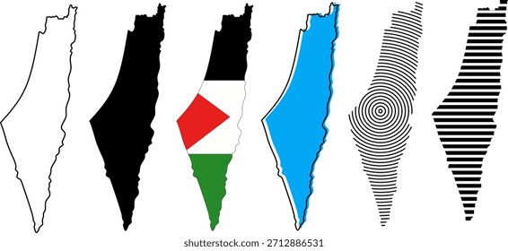 Palestine map set featuring outline, silhouette, flag fill, solid blue, concentric line pattern, and horizontal stripe design. Suitable for posters, prints, branding, activism art, and graphic design.