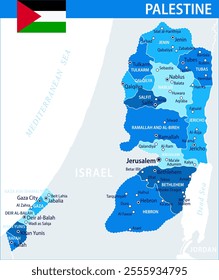 Palestine Map Vector Blue Spot - Customizable layered political map of Palestinian territories with administrative divisions for website, education, reports, news, politics, print, poster