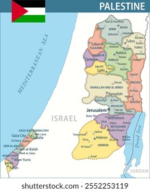 Vector Palestina Mapa Mapa Nuevo 2024 Colorido - Mapa político en capas personalizable de territorios palestinos con divisiones administrativas para Sitio web, educación, informes, noticias, política, impresión, póster