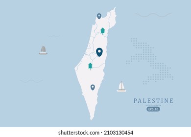 Mapa de Palestina - Mapa mundial Mapa internacional de vectores Alto detalle con color blanco aislado en fondo azul incluyendo punto de ubicación simple, árbol, icono del barco - Ilustración vectorial eps 10