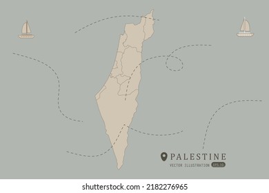 Palestine Map - World Map International vector template High detailed with brown color isolated on grey background including simple point of location, wind, boat icon - Vector illustration eps 10
