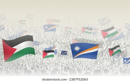 Banderas de Palestina y las Islas Marshall en una multitud de gente que anima. Multitud de personas con banderas. Ilustración vectorial.