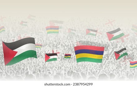 Palestine and Mauritius flags in a crowd of cheering people. Crowd of people with flags. Vector illustration.