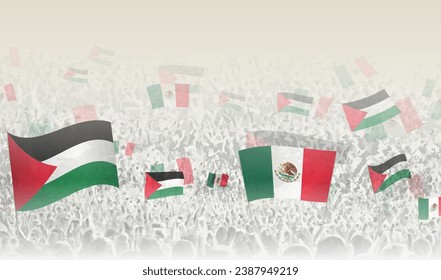 Palestine and Mexico flags in a crowd of cheering people. Crowd of people with flags. Vector illustration.