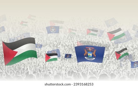 Palestine and Michigan flags in a crowd of cheering people. Crowd of people with flags. Vector illustration.