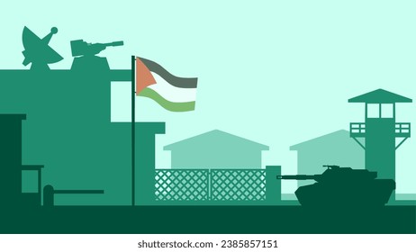 Palestine military base landscape vector illustration. Silhouette of palestine military base with watchtower and tank. Military illustration for background, wallpaper, issue and conflict