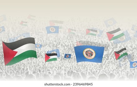 Palestine and Minnesota flags in a crowd of cheering people. Crowd of people with flags. Vector illustration.