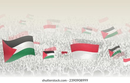 Palestine and Monaco flags in a crowd of cheering people. Crowd of people with flags. Vector illustration.